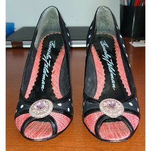 Beverly Feldman Spike Peep Toe Heels Black White Polka Dot Pink Toe 7